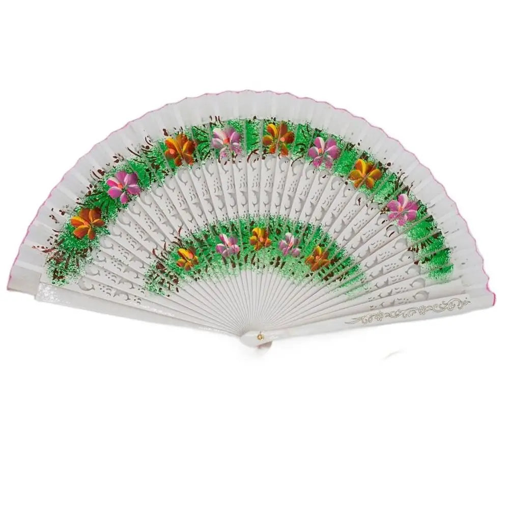 éventail pliant tissu floral bois ajouré motifs gravés couleur rose rouge traditionnel decoratif