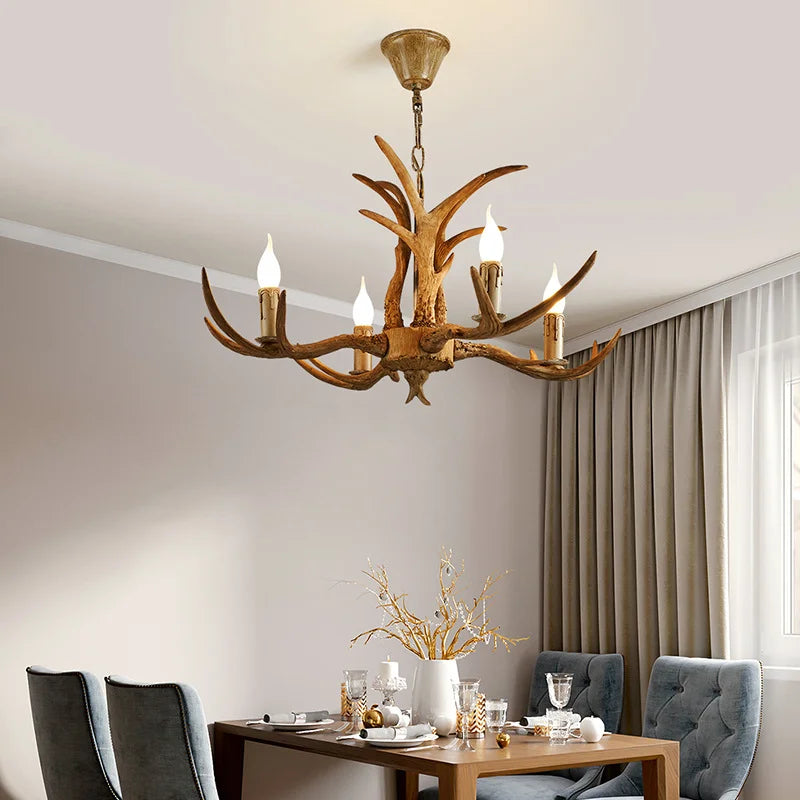 lustre vintage antlers marron clair salon rustique ampoules led murale cottage
