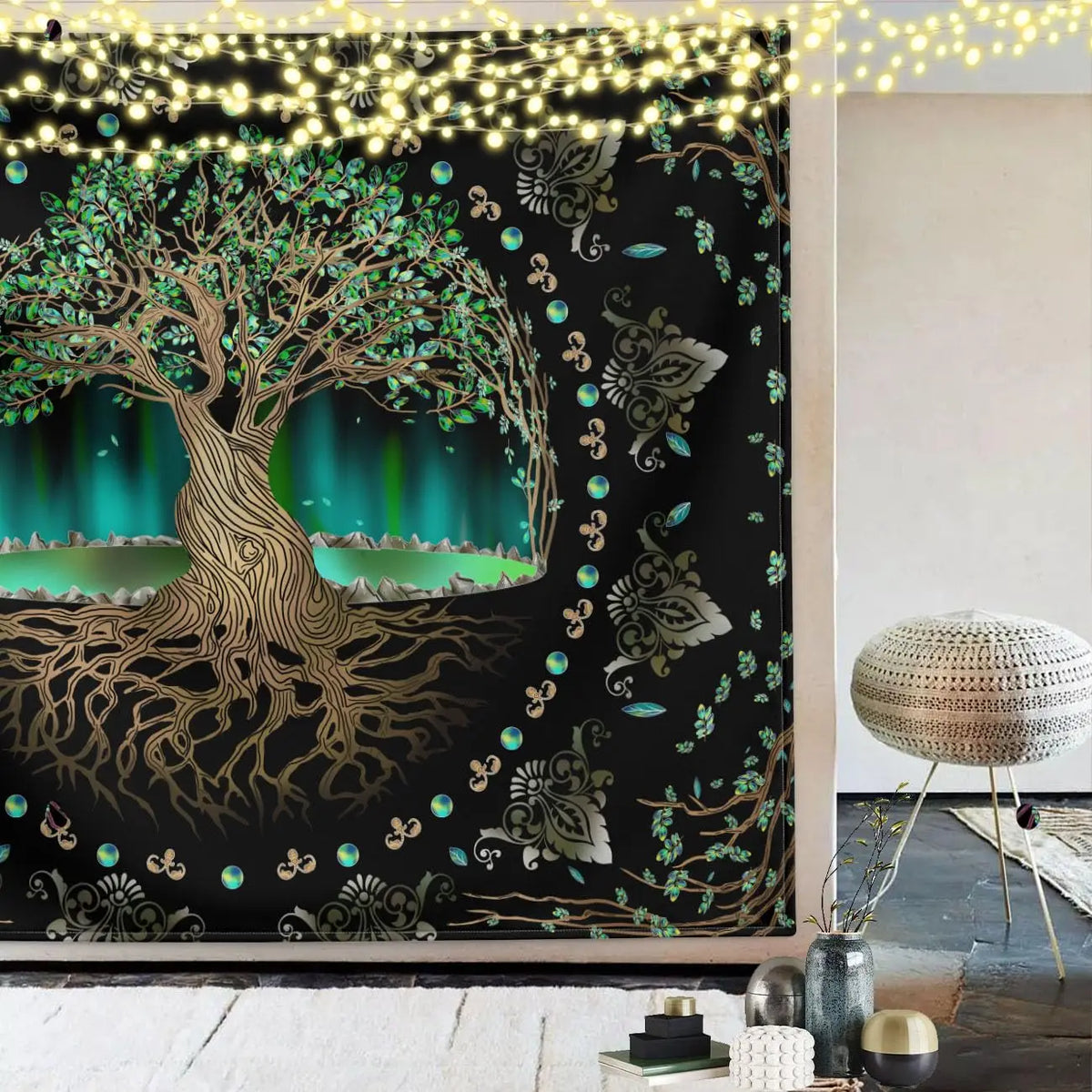 tapisserie arbre vie noir vert doré motifs floraux artisanal clips fixation chambre 75x58cm