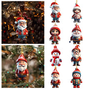 ornements noel personnages cartoonaux rouges blancs brillants vêtements motifs floraux suspendus ficelles pompons