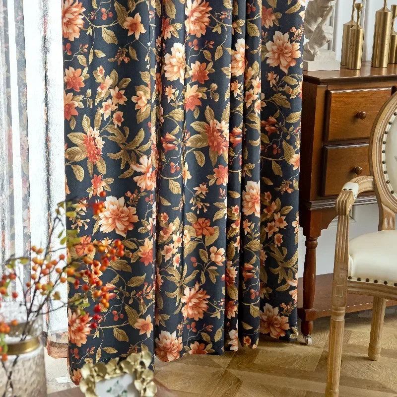 rideau fleur bleu marine classique fenêtre maison 100cm 213cm x5