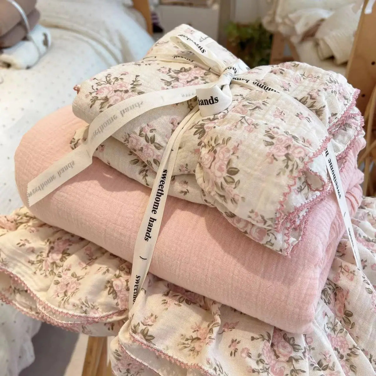 parure lit coton fleurs vintage housse couette drap taies oreiller filles princesse