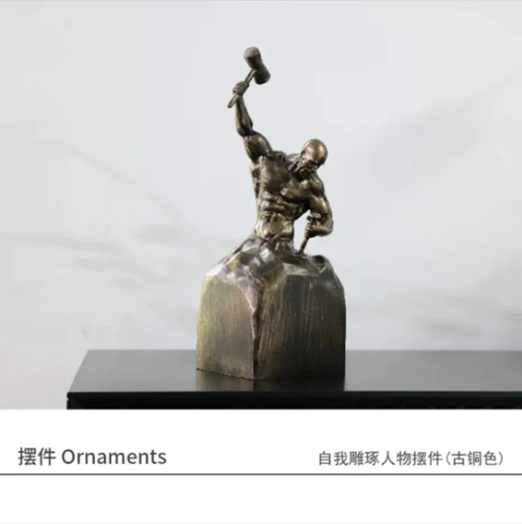 statuette homme musclé marteau résine noire blanche moderne art décoratifintérieur