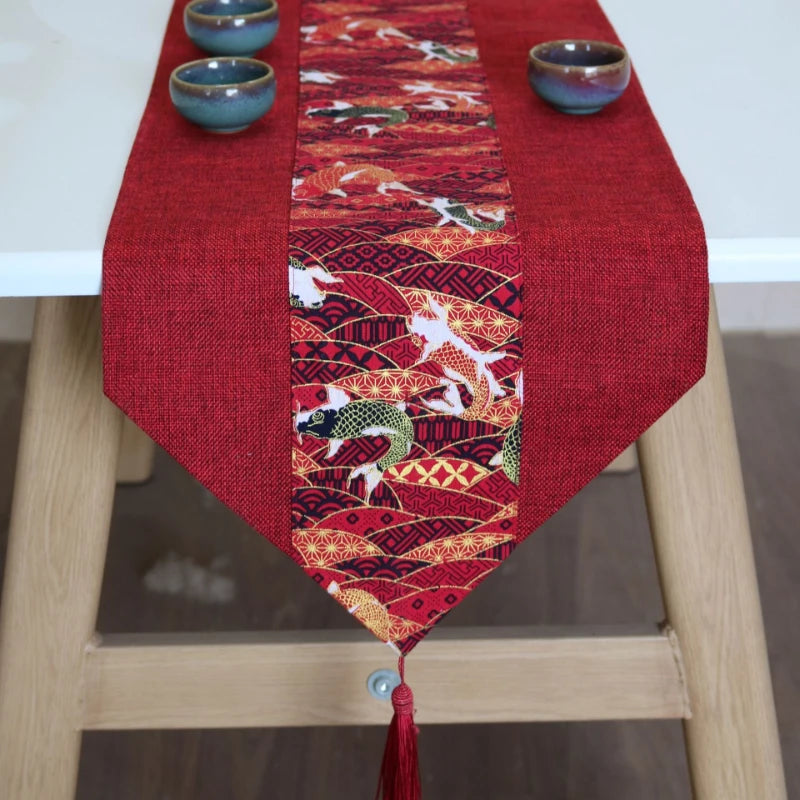 chinois ethnique chemin table rouge poissons géométrique tassel polyester salon decoration