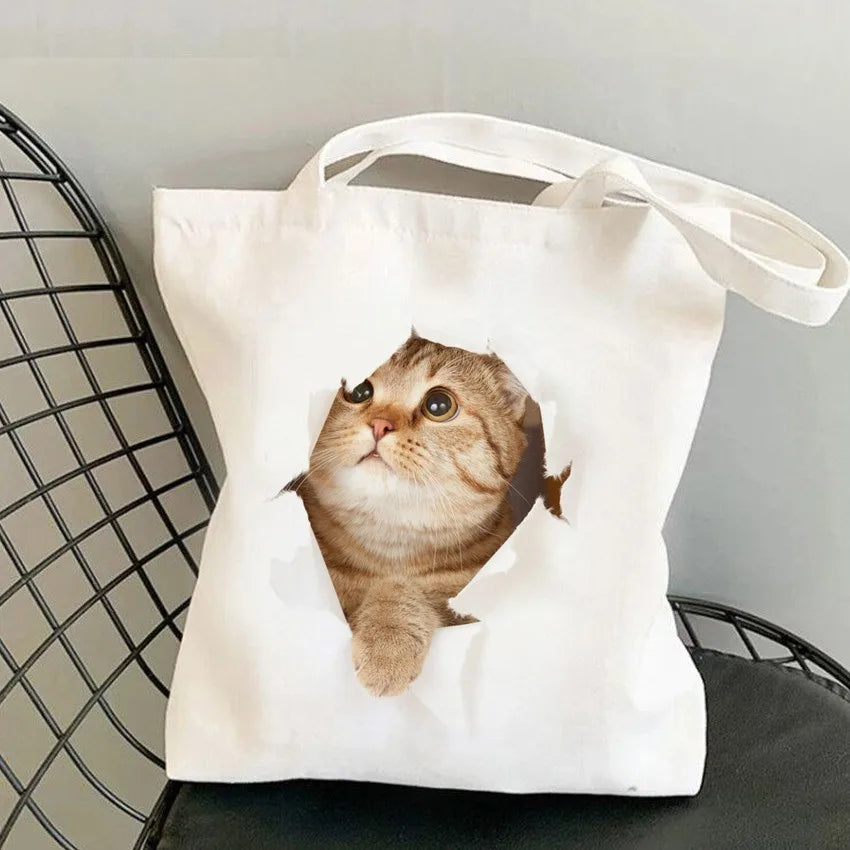 sac bandoulière toile imprimé chats blancs moderne décontracté sans fermeture éclair deux poignées détachables