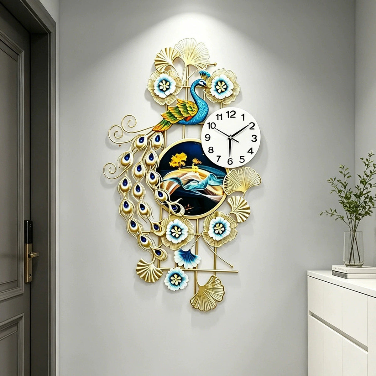 horloge murale paon plumes fleurs bleu doré moderne décoration intérieure fixations ornementales
