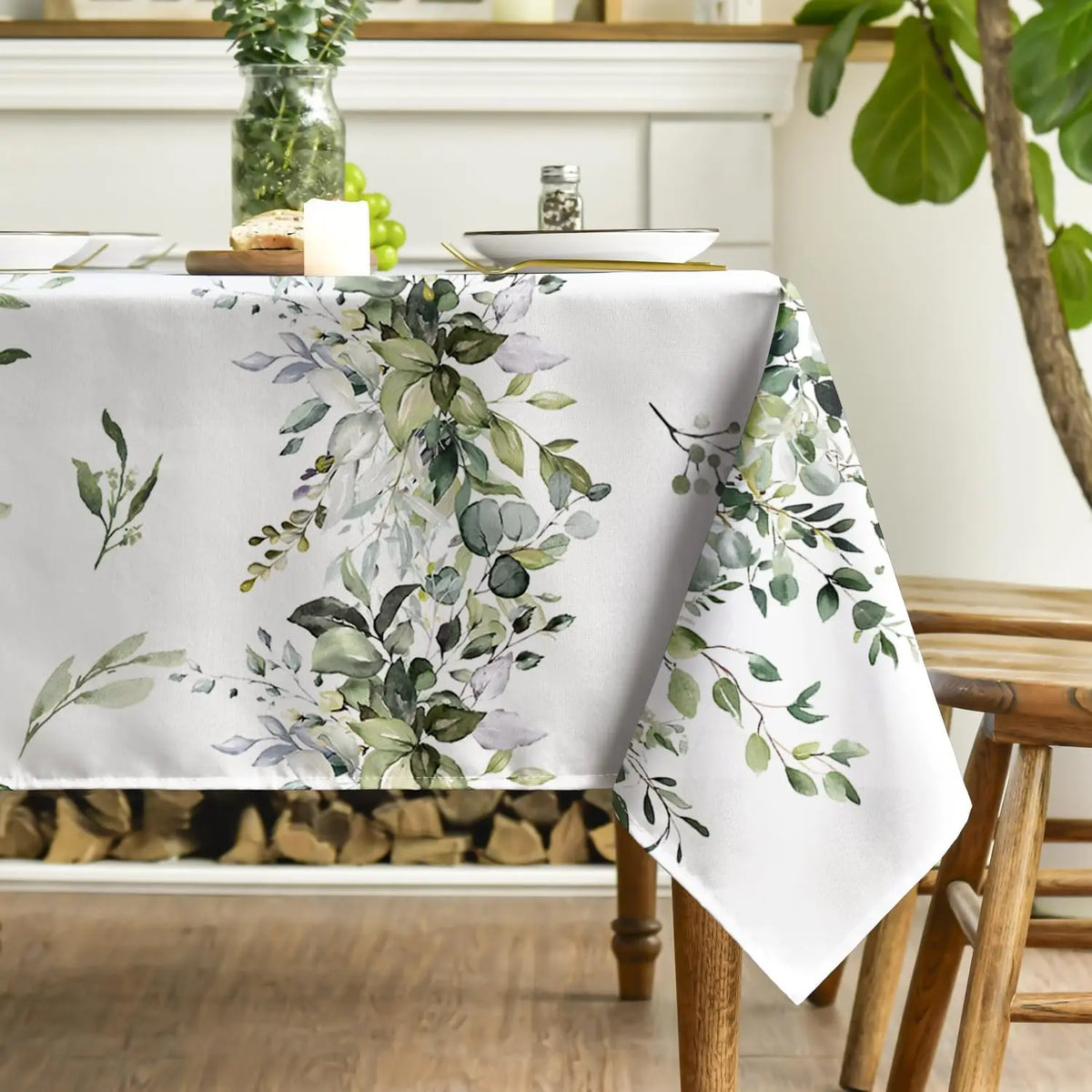 nappe table feuilles vert printemps moderne rectangle maison 140x140cm blanc verte