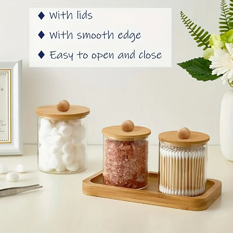 pot coton tige transparent moderne boite rangement couvercle bois respectueux environnement minimaliste organiser