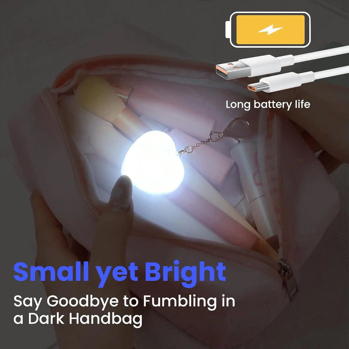 lampe led rechargeable sac main coeur blanche argentée capteur automatique