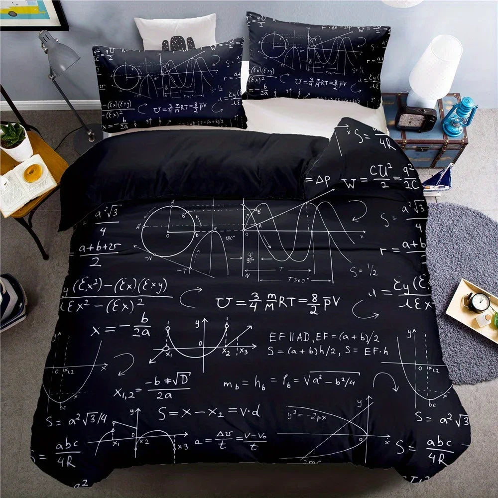 housse couette formules mathématiques taie d'oreiller ensemble literie moderne noires blanches chambre adolescente