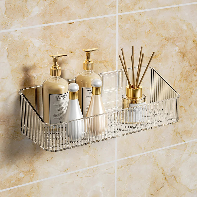 étagère murale transparente moderne rayures bouteilles flacons accessoires salle bains