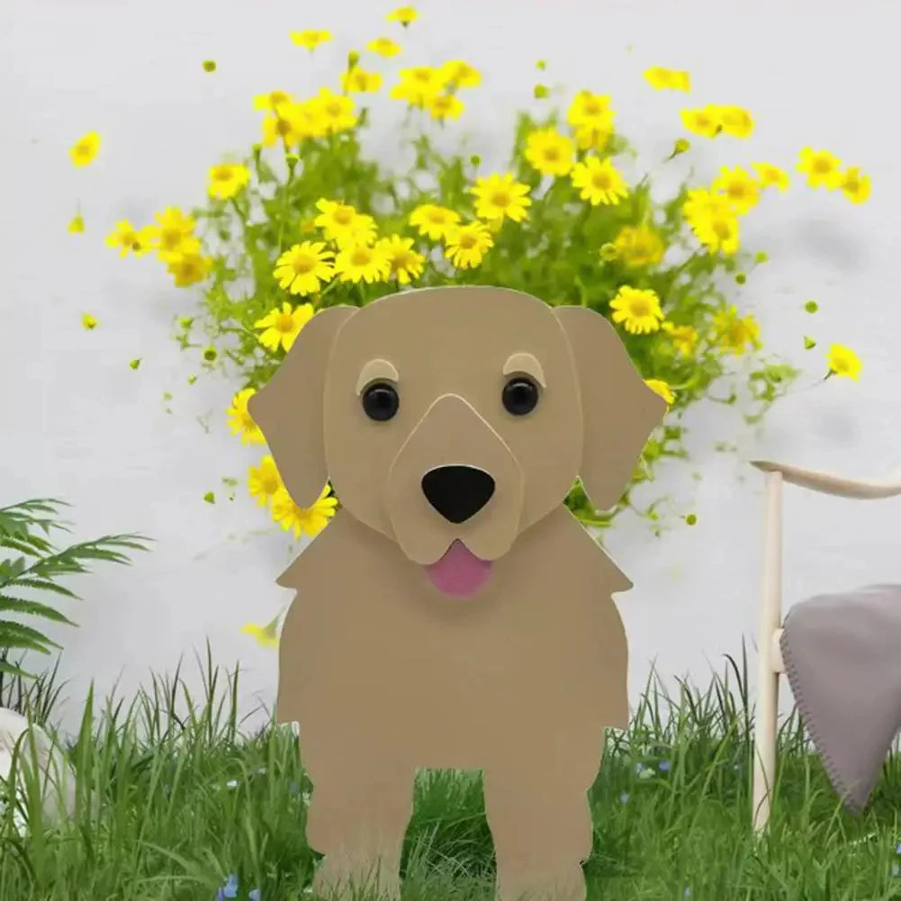 cache pot chien forme cartoon blanc beige marron noir rose vert détails visage plante