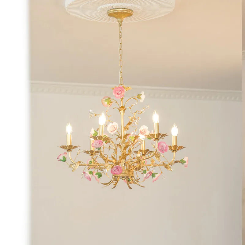lustre suspendu led rose céramique fleurs cristaux classique interrupteur tactile chambre salon