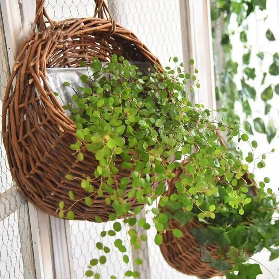 panier suspendu marron clair tressé rustique anneau métallique plante artificielle