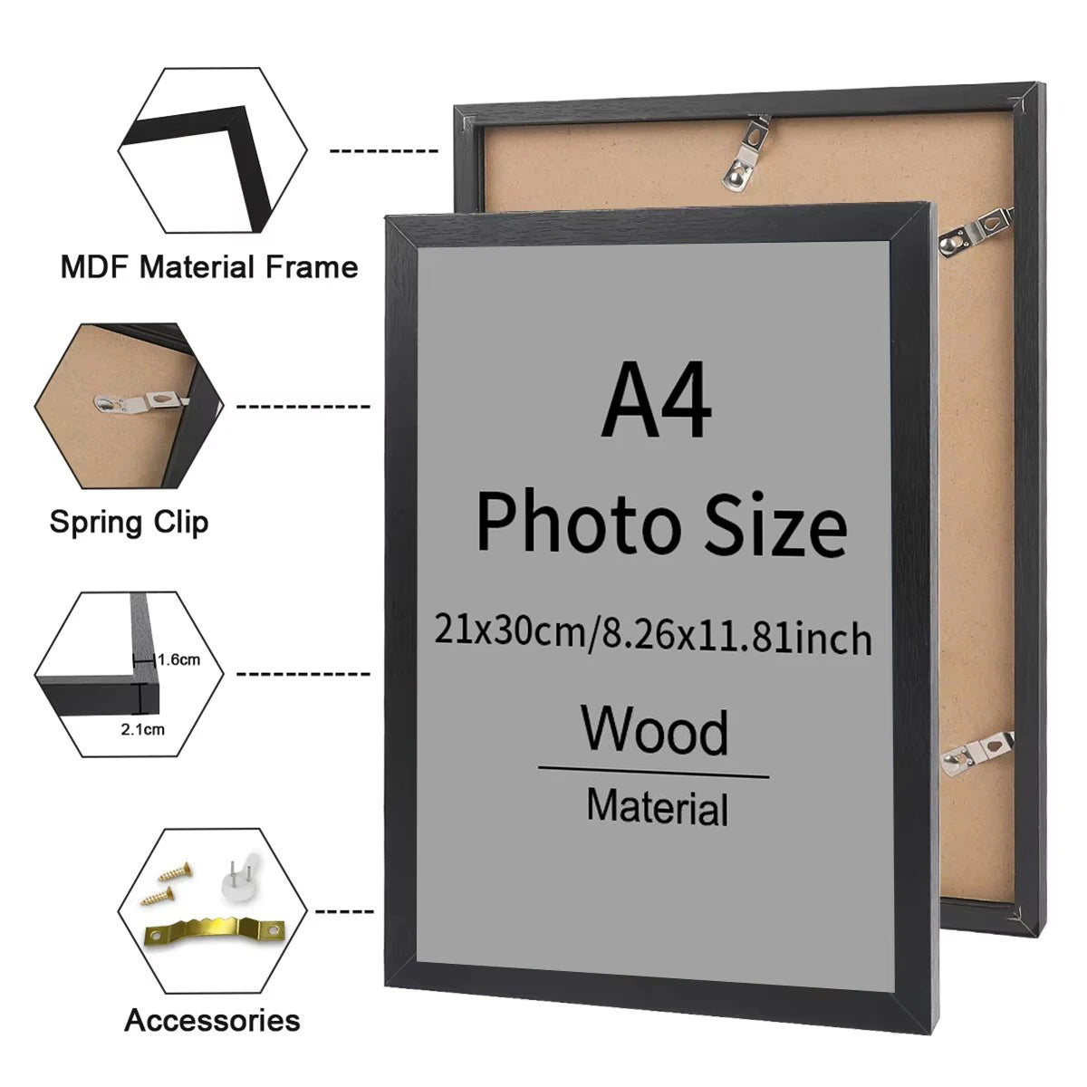 cadre photo moderne minimaliste noir blanc bois acrylique clips ressort accrochage mural photo 21x30