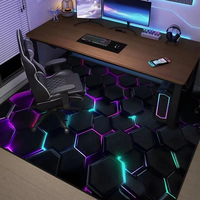 tapis sol noir bleu violet hexagones géométriques imperméable résistant décoloration intérieur moderne sports chambre
