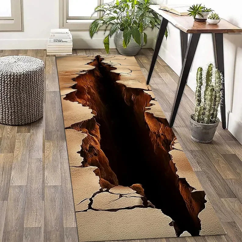 tapis effet illusion fissure 3d moderne marron rouge gris polypropylèneextérieur salon chambre