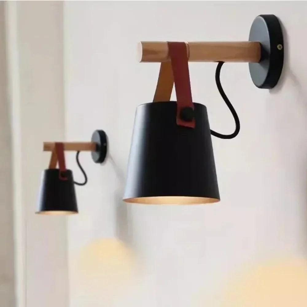 lampe murale moderne minimaliste bois blanc conique abatjour simili cuir noir suspension chambre salon