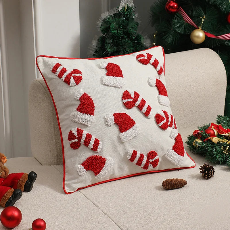 coussin noël brodé blanc rouge motifs cannes sucre opacité décoratif zipper