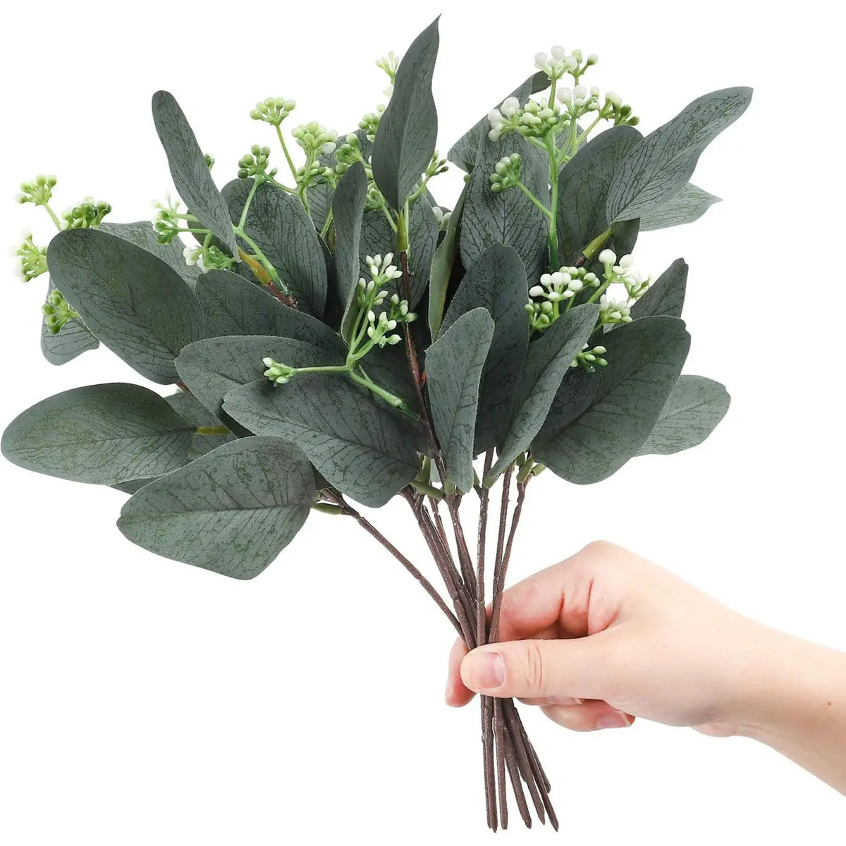 bouquet artificiel feuilles eucalyptus vert blanc moderne minimaliste extérieur mariage décoration table exposition festive