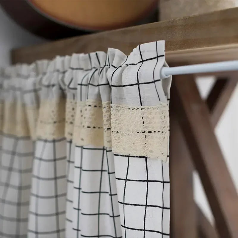 rideau lin blanc noir beige carreaux dentelle moderne rustique cuisine fenêtre