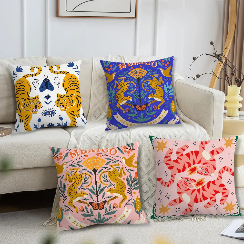 housses coussin carrées motif léopard tigre floral multicolore décoratives maison salon 35x35cm 40x40cm 45x45cm