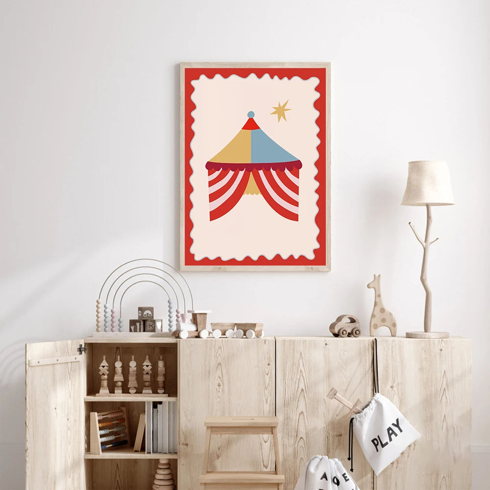 toile d'art illustration simple colorée maison chaussures lune objets enfant chambre rose rouge vert
