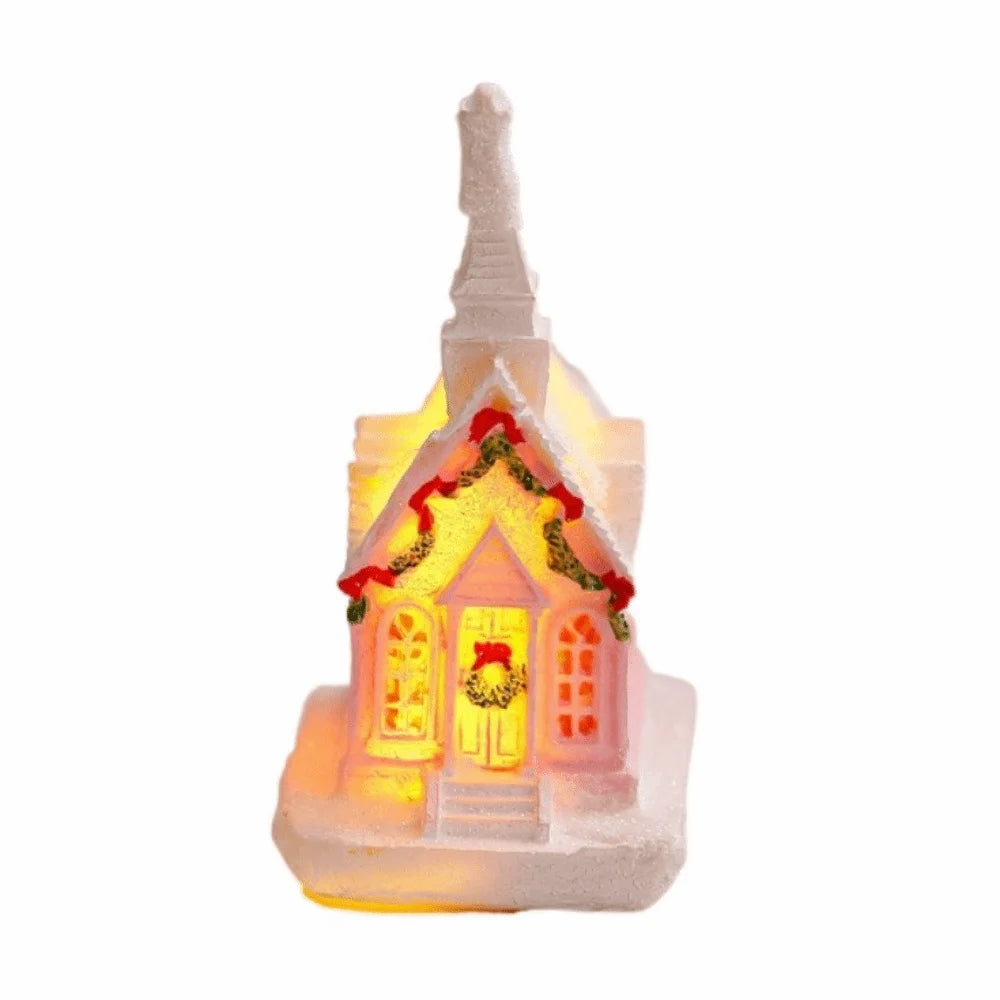 ornement noël miniature maison lumineuse rose brique neige toit fenêtres porte guirlandetoyshop