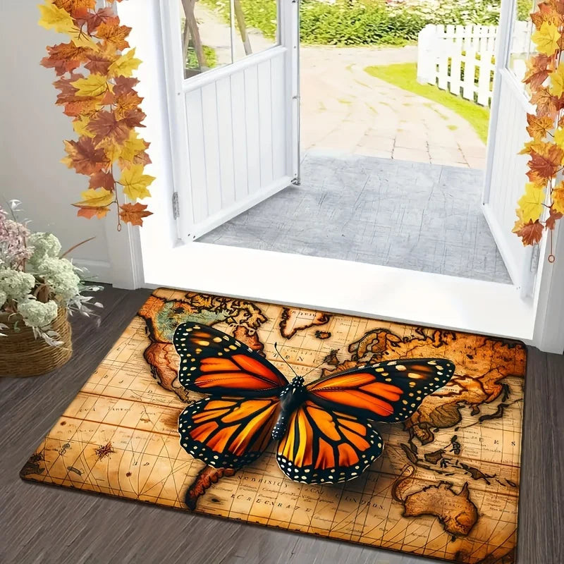 tapis vintage papillon feuilles d'automne carte monde salon bain résistant antidérapant moderne orange noir