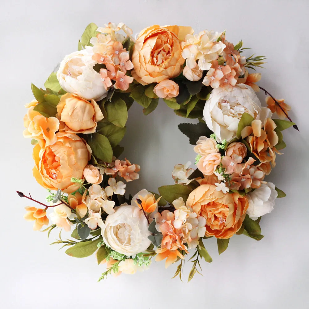 couronne florale vintage rose blanche feuilles vertes fleurs artificielles intérieur mariage table porte