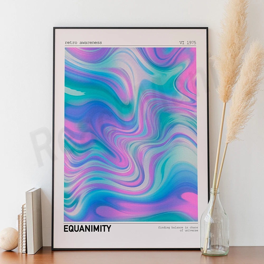 Une affiche abstraite avec des motifs fluides et colorés évoquant l'équanimité, la balance dans le chaos de l'univers.