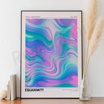 Une affiche abstraite avec des motifs fluides et colorés évoquant l'équanimité, la balance dans le chaos de l'univers.