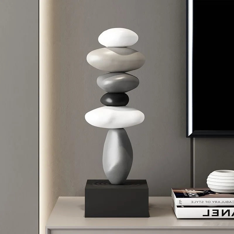 Sculpture moderne résine blanche gris noir lisse inspiration naturelle minimaliste base carrée noire