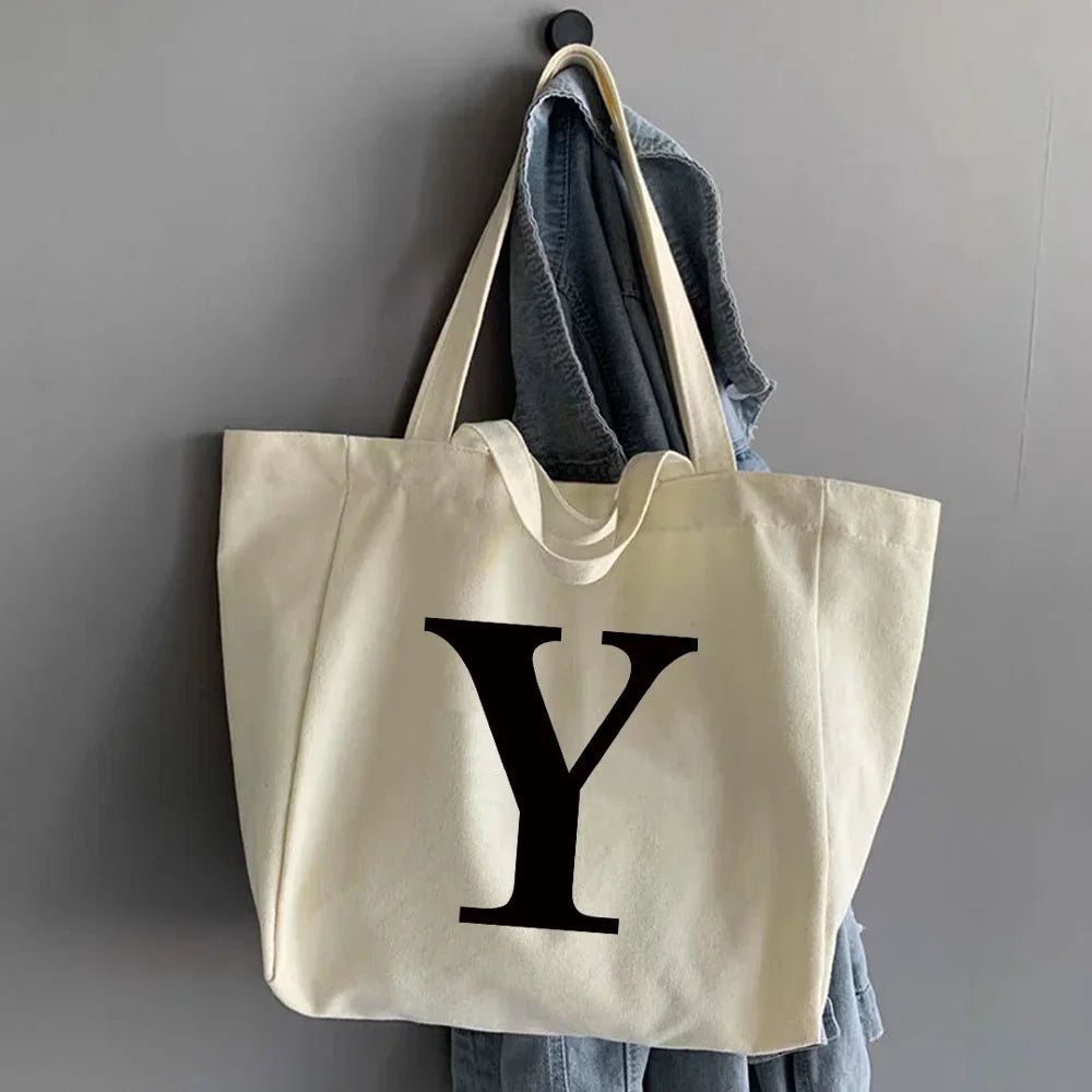 sac main femme toile beige clair lettre noire poignées détachables