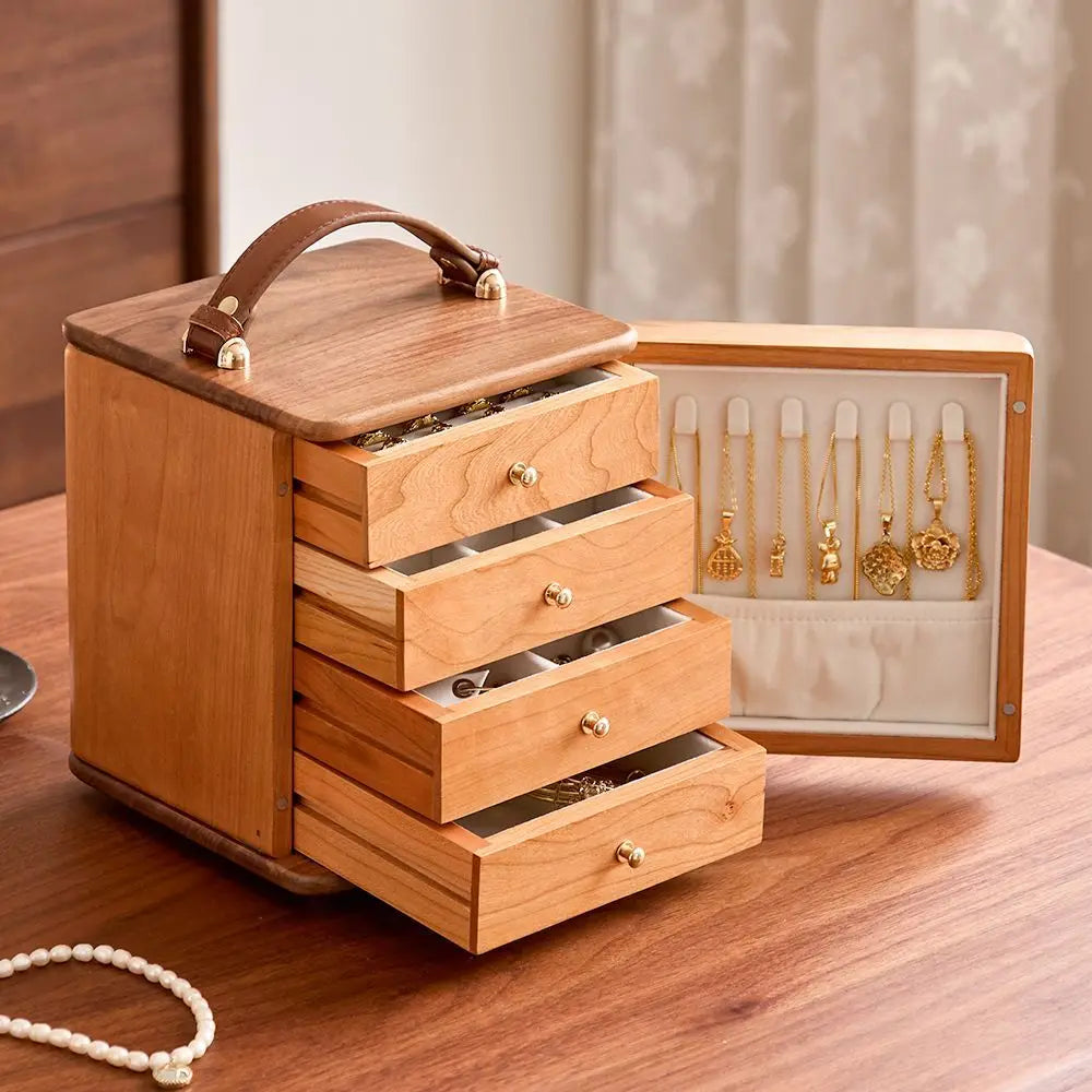 boîte bijoux classique vintage compartiments bois clair poignée cuir compartiment rabattable tiroirs bracelets colliers