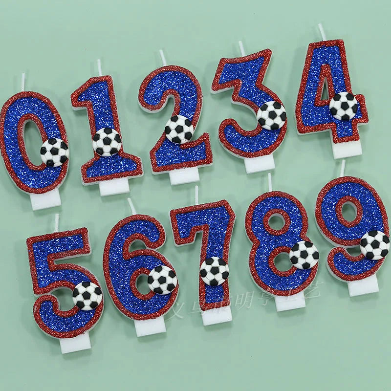 bougies numériques forme chiffres pailletées football bleu rouge blanche décoratives anniversaire sport thème tringle