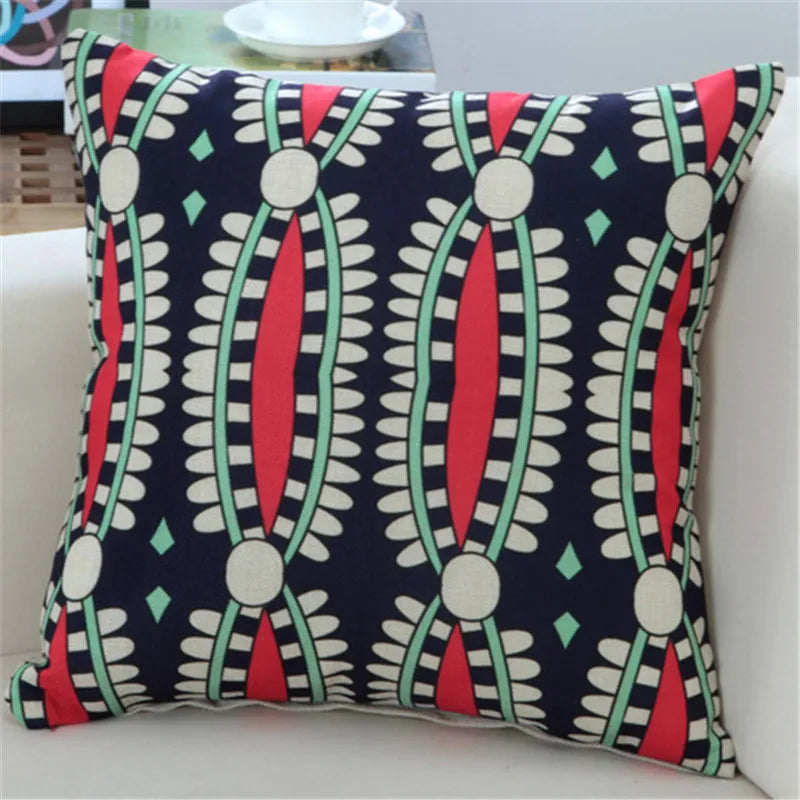 housse coussin imprimée moderne motifs géométriques bleu rouge noir 45x45cm