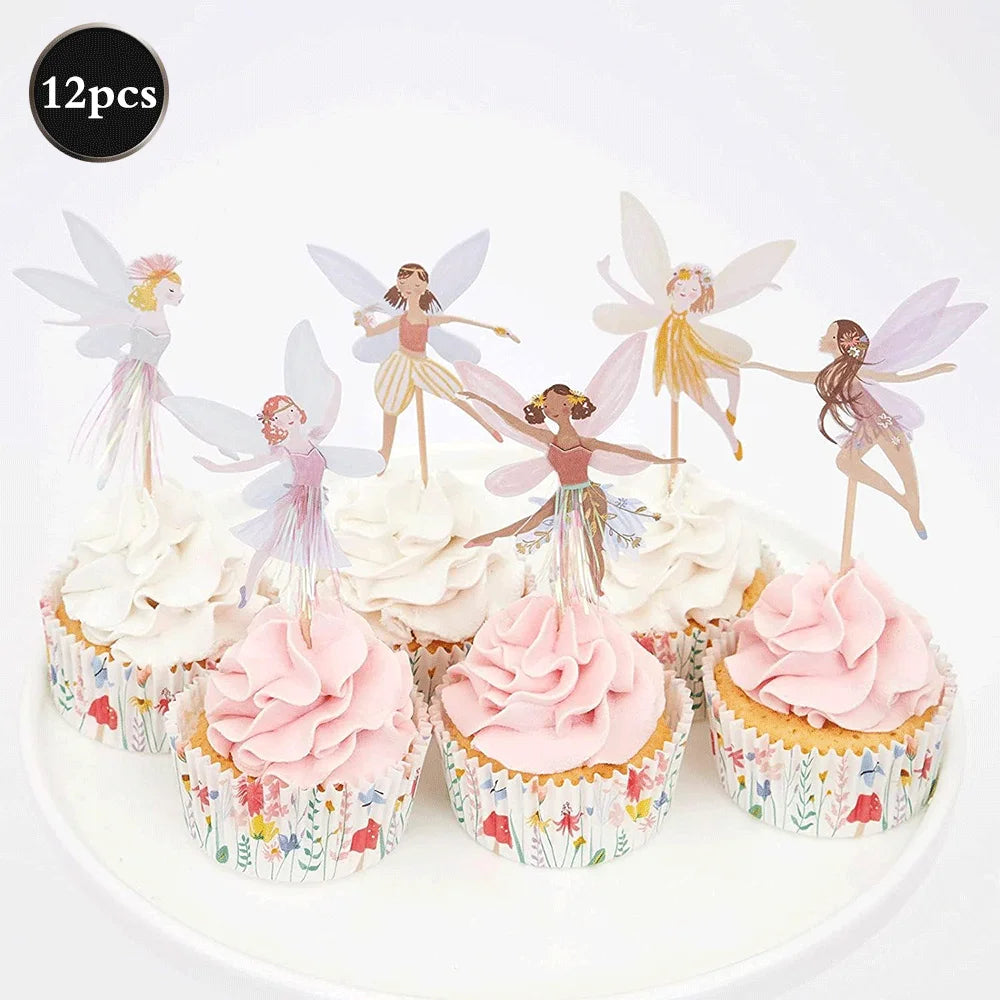 décoration fête anniversaire fées fleurs paillettes cake topper cupcakes spirales or rose