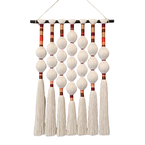 tapisserie macramé boho chic blanc marron rouge orange boules entrelacées franges crochet