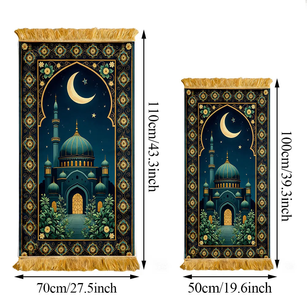 tapis prière islamique bleu nuit motif fleur étoile lune imperméable polyester