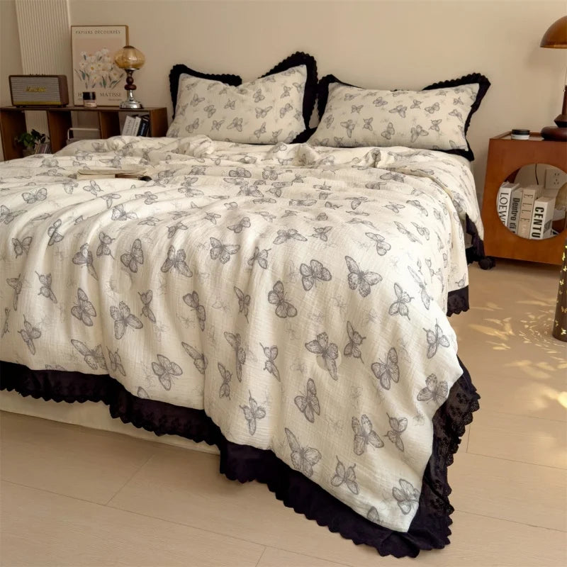couverture d'été coton froissé motif papillons beige noir vintage lit 150x200cm machine laver