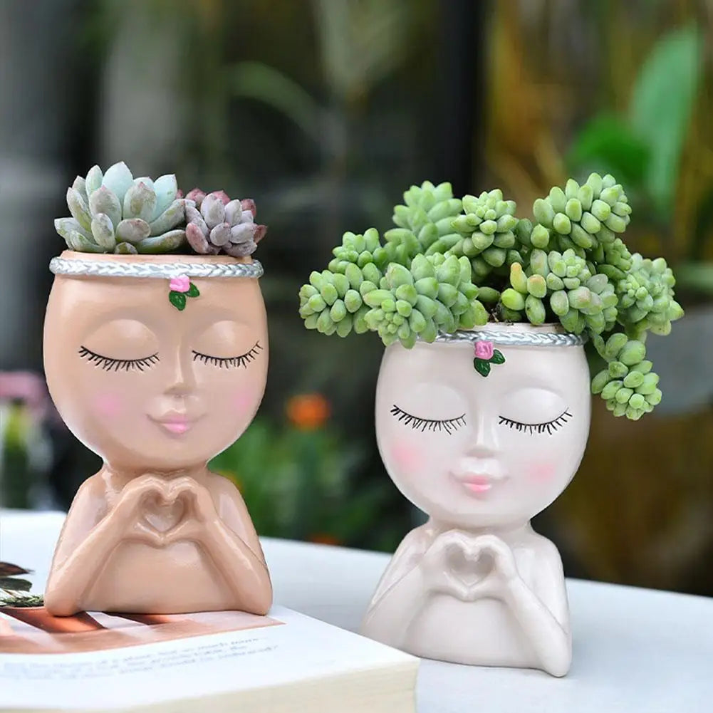 pots décoratifs résine tête féminine succulentes fleurs herbes bohème zen blanc rose vert