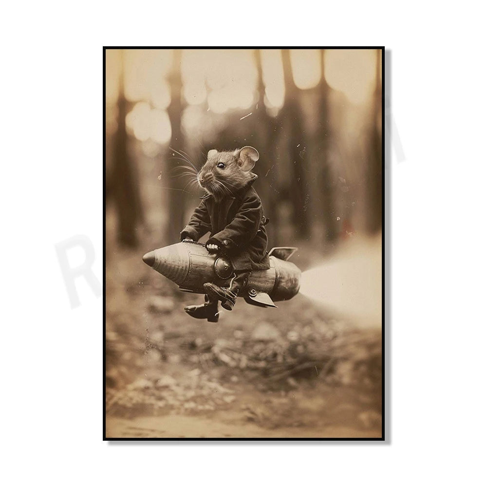Un rat mécanique en costume effectue un vol plané dans un environnement forestier bruineux, dans une image en noir et blanc aux tons sépia.