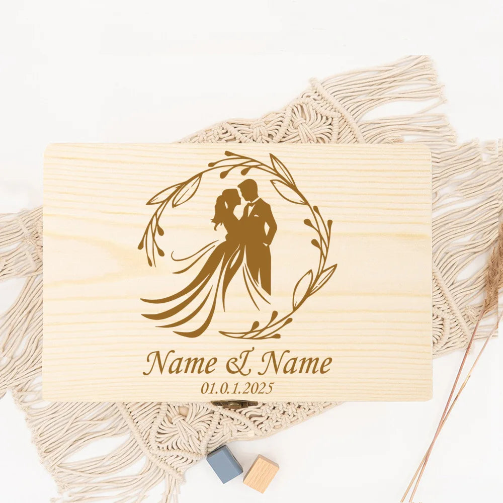 boîte bois gravure personnalisable vintage cadeau mariage souvenirs naturel cadenas poignée emballage bijoux rustic
