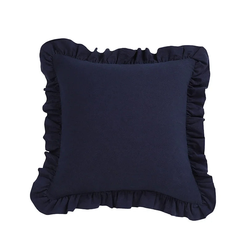 housses coussin coton couleur blanc vert bleu violet marron bords froncés texture tissu decoratif