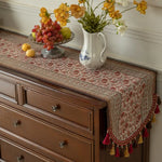 nappe table motif floral ethnique coton polyester couleur beige rouge verte jaune marron franges