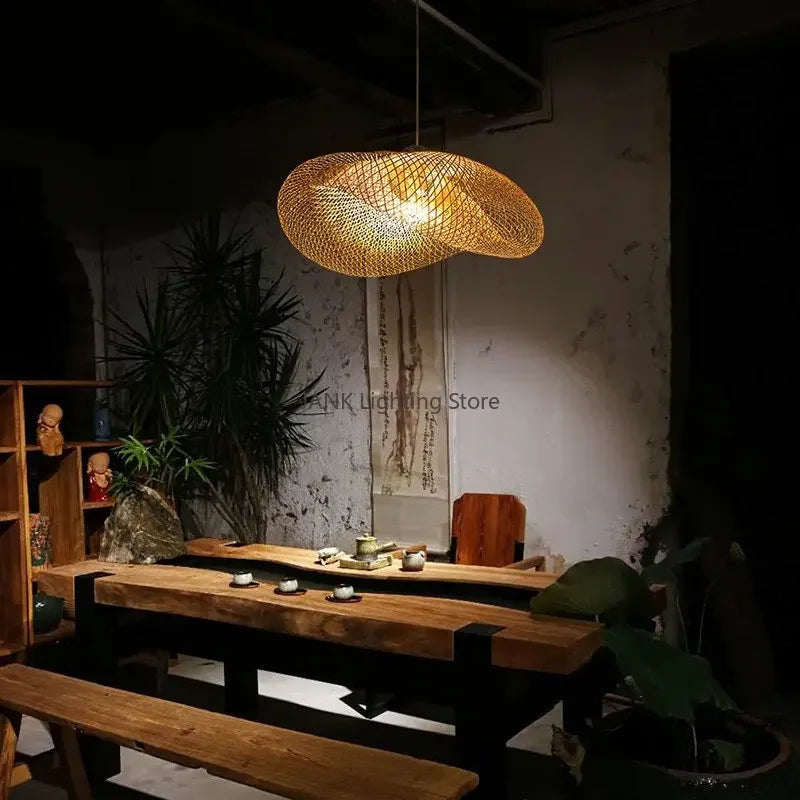 lampe suspendue bambou rotin tissage osier artisanale moderne luminaire salon restaurant