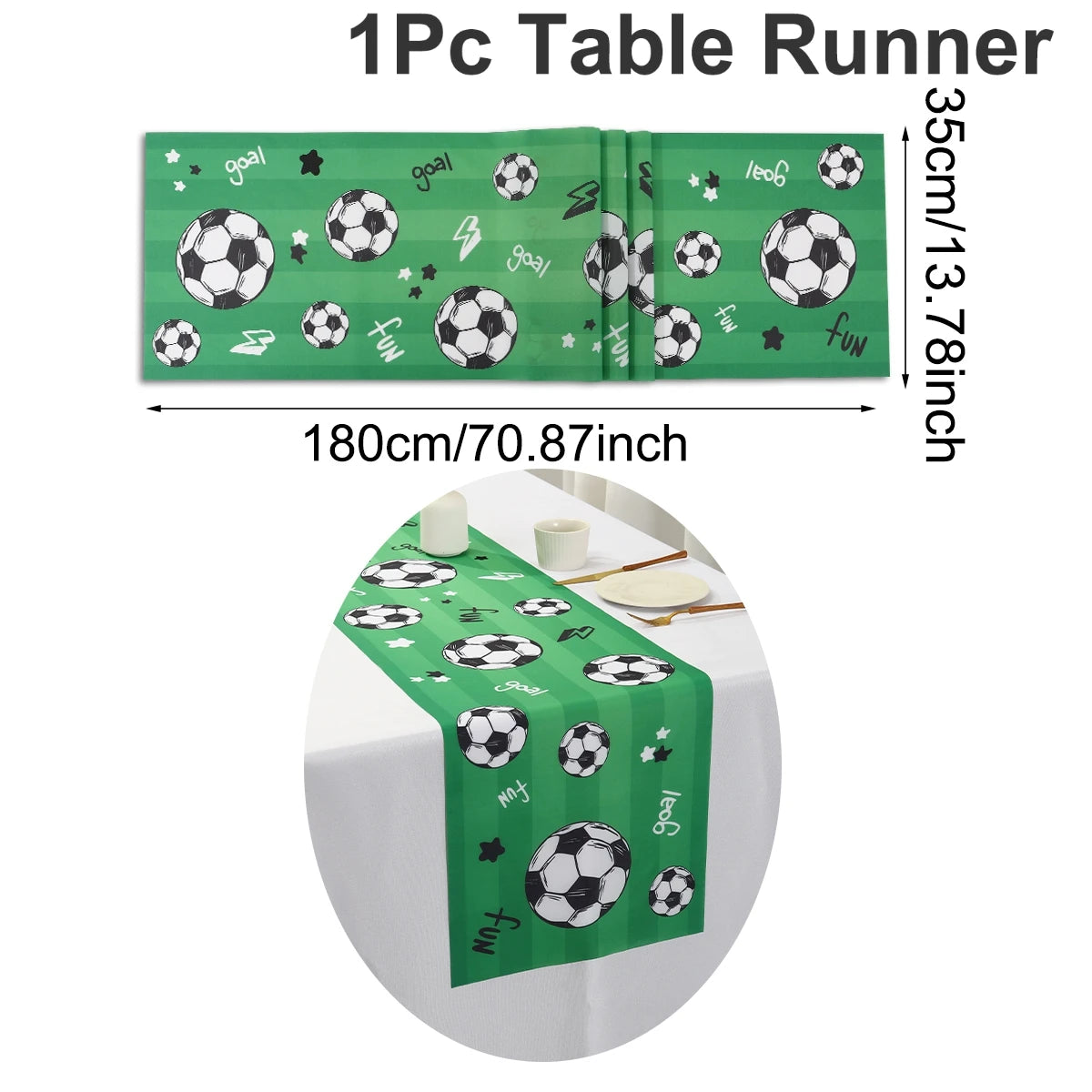 nappe décorative football motif ballons étoiles textes goal fun vert blanc noir polyester festive