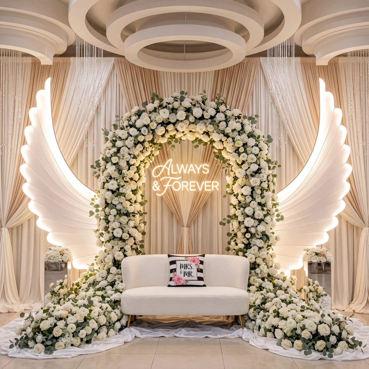 décoration mariage ailes lumineuses blanc nervures modernes pieds métal