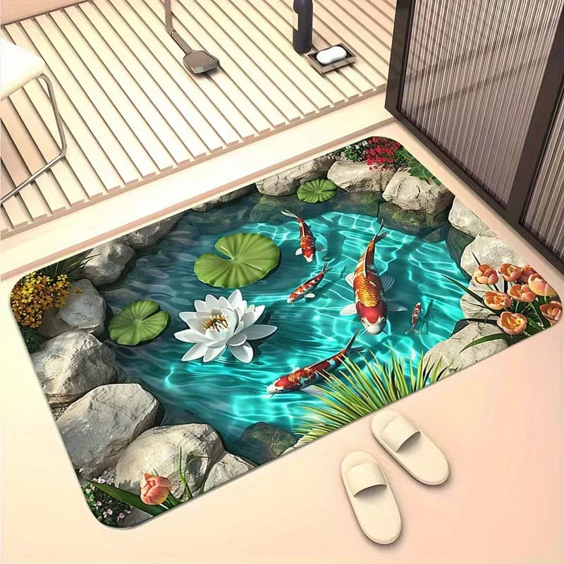 tapis sol piscine poisson lotus moderne résistant antidérapant bleu vert blanc